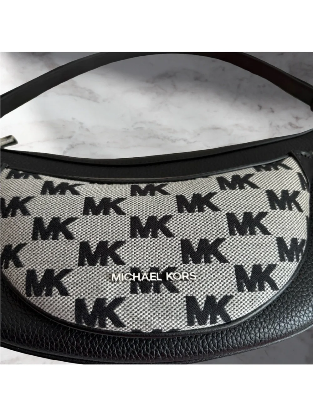 Michael Kors Black and White MK Monogram Crescent Shoulder Bag